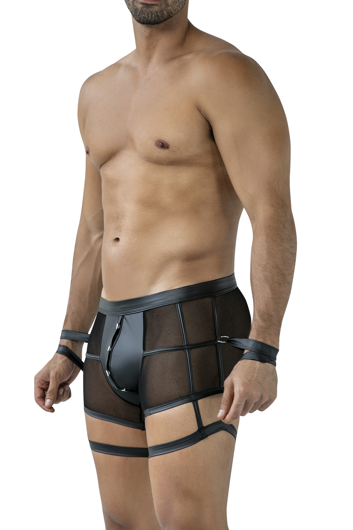 Schwarzer Prison Shorts  sexy Mix aus glattem Stretch und feinem Netz mit öffnendem Suspensorium, Handschlaufen und markantem CUT4MEN Frontlogo – CUT4MEN