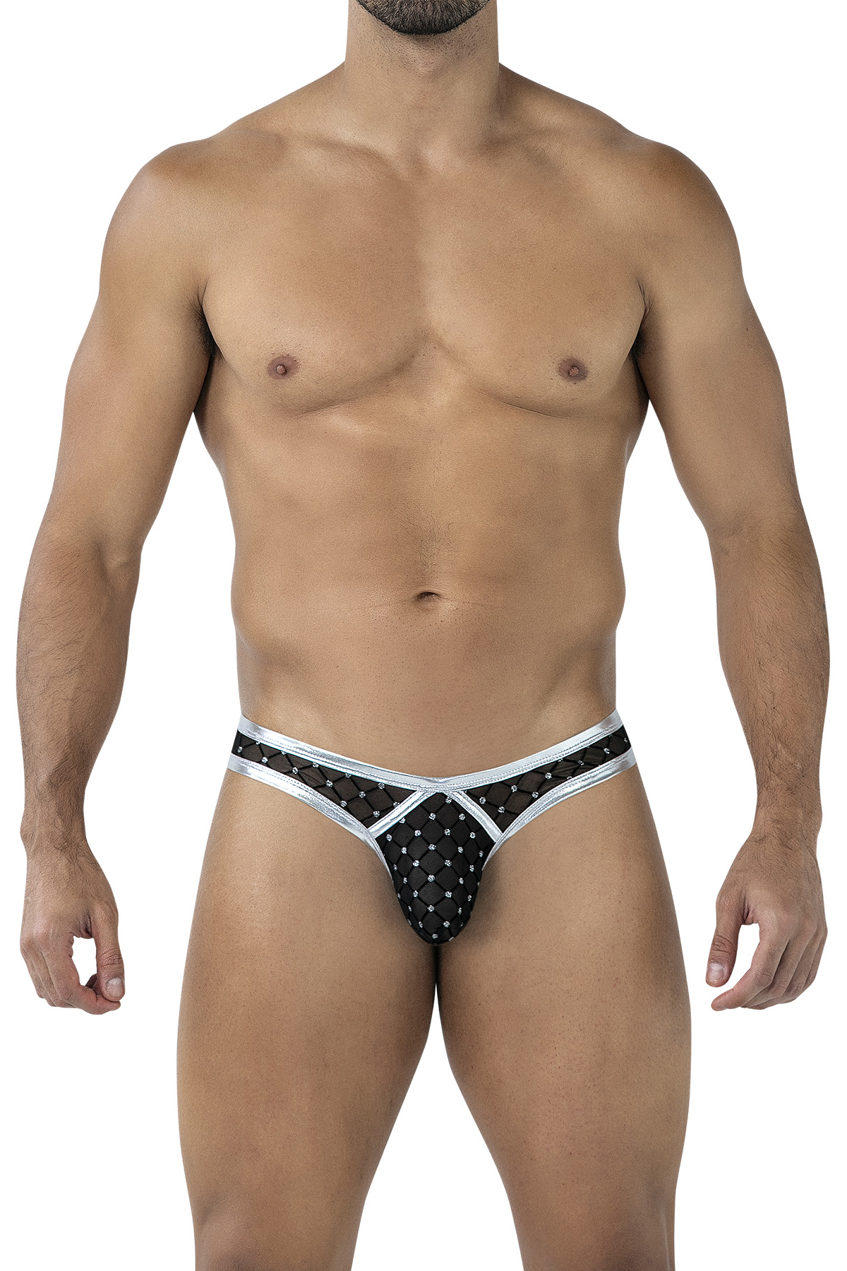 Schwarz/Silberner String mit Netz RAV112  Sexy String aus glattem Material und dehnbarem Netz mit geformtem Suspensorium und gummiertem Frontlogo von CUT4MEN – CUT4MEN