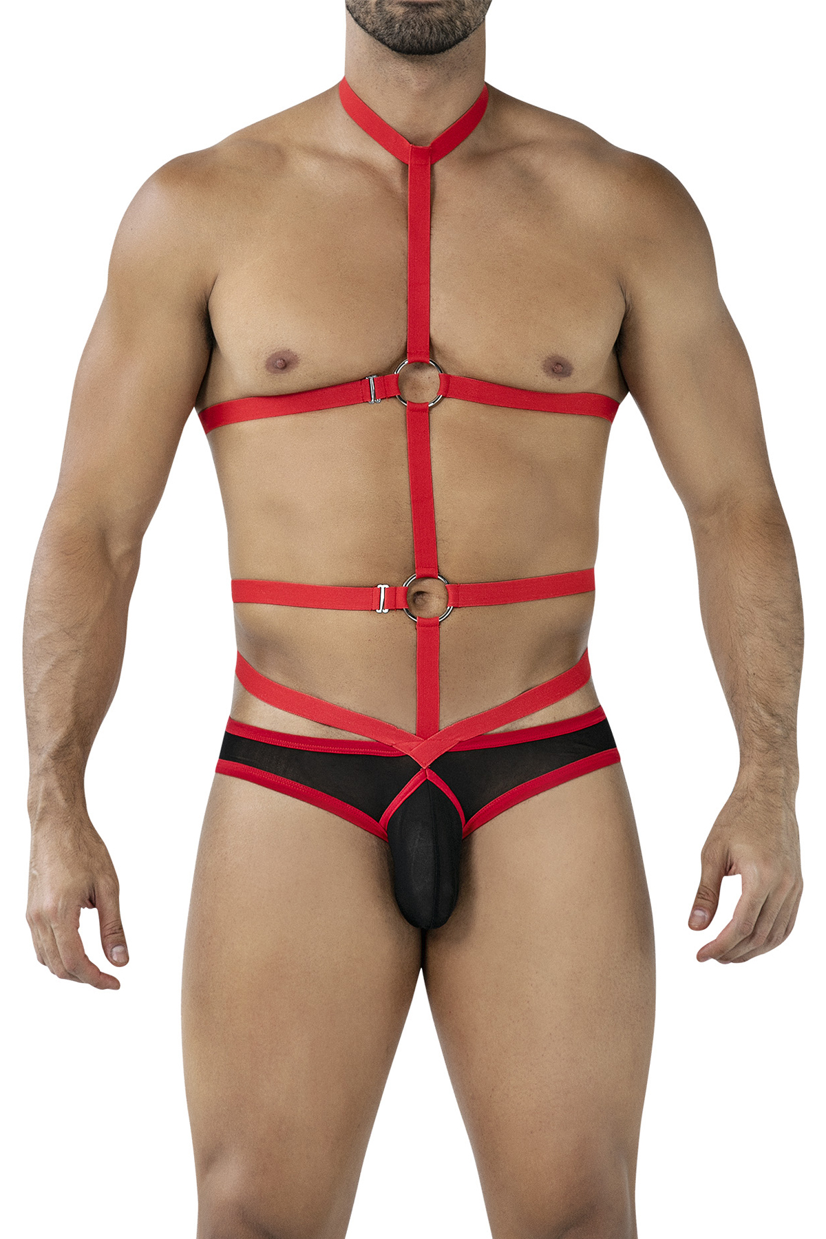 Schwarz/roter Body-Harness RAV114  sexy Netzdesign mit geformtem Suspensorium, flexiblen Gummibändern, Metallelementen und markantem Frontlogo von CUT4MEN – CUT4MEN