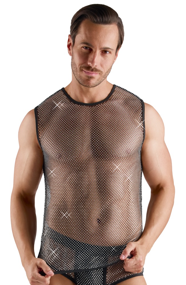 Provokantes Herren-Netzshirt in transparenter Schwarz-Optik mit funkelnden Glitzersteinchen und sinnlichem Wetlook-Flair von Svenjoyment – Svenjoyment