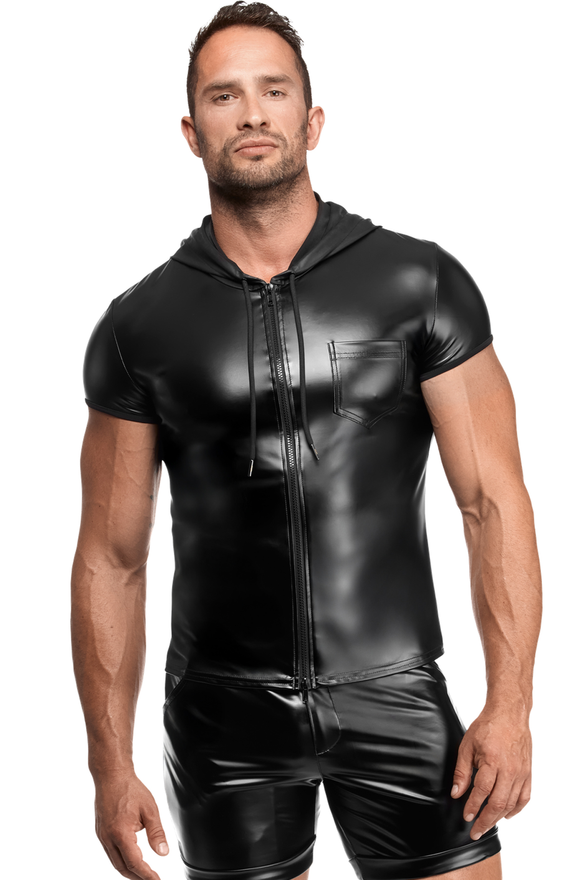 Noir Handmade Men Kapuzen-Hemd H085 im körpernahen Powerwetlook  maskulines Design mit Kapuze, Brusttasche und Frontzip für einen verführerisch markanten Auftritt – Noir Handmade Men