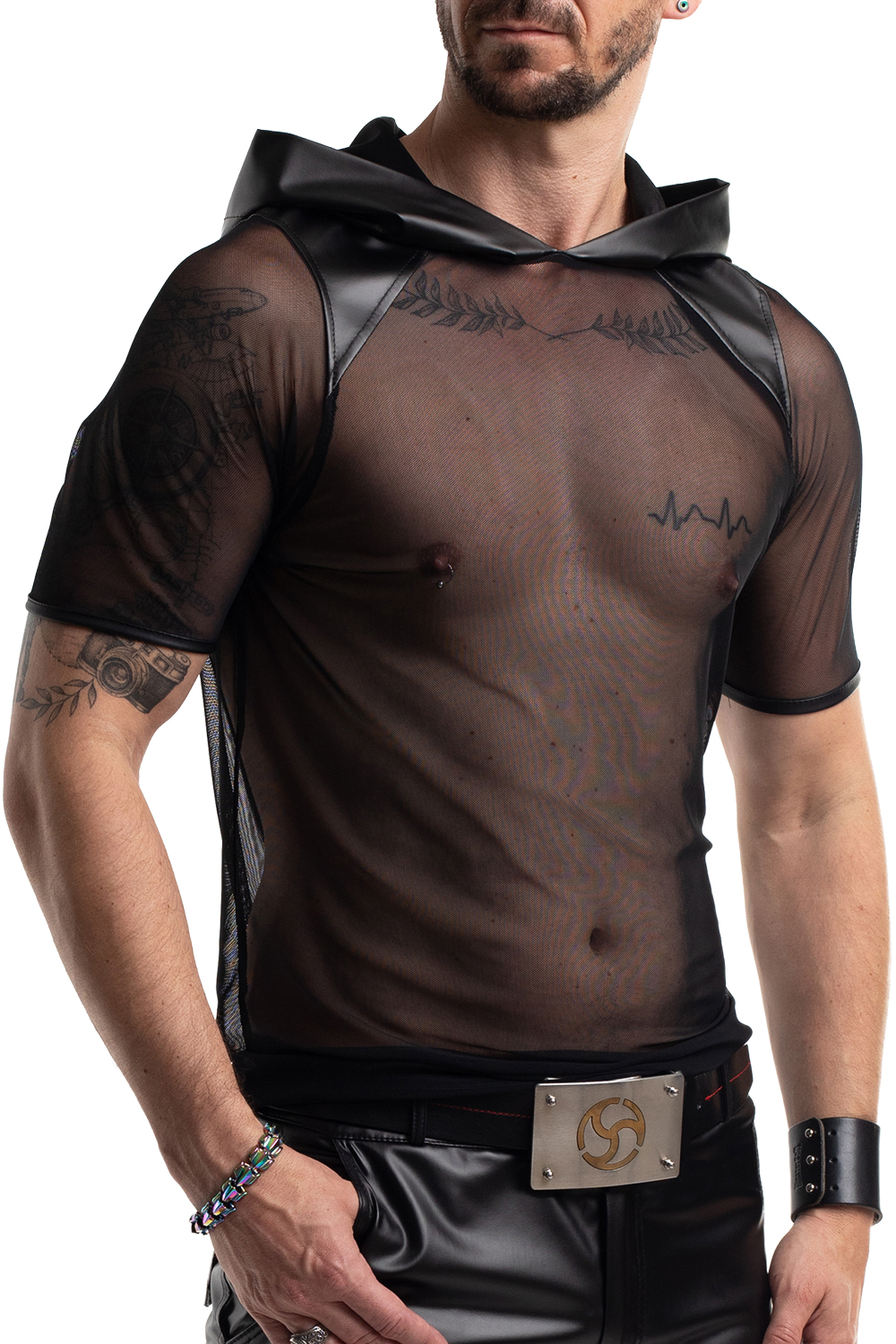 Herren Kapuzen-T-Shirt RMTito001 schwarz aus dehnbarem Mesh mit Wetlook-Kapuze Slim-Fit Netzshirt von Regnes Fetish Planet für markanten Style – Regnes Fetish Planet