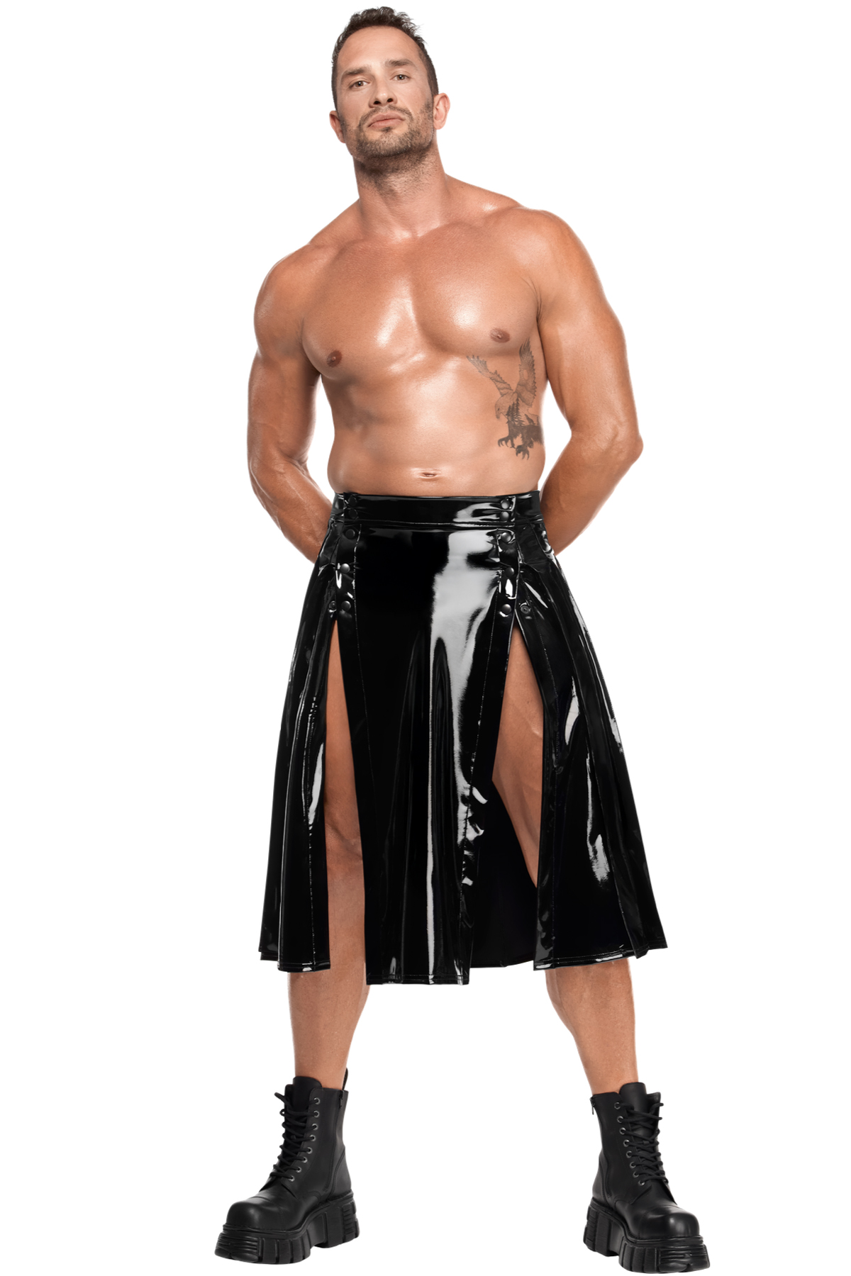 Langer Herren Kinky Lack Rock Empire H091 sexy Hochglanz mit dehnbarem Material, zwei Gehschlitzen vorn und Druckknopf-Front zum Öffnen von Noir Handmade Men – Noir Handmade Men