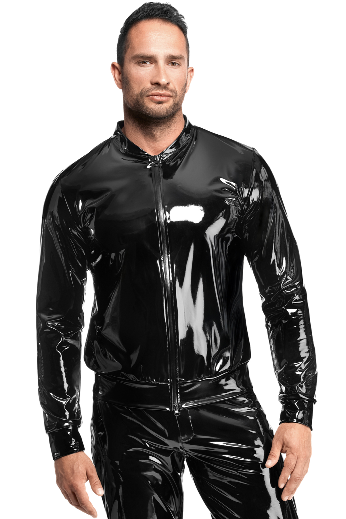 Herren Kinky Lack Jacke H092 aus glänzendem, dehnbarem Material mit breitem Bund, schwarzem Front-Reißverschluss und funktionalem 2-Wege-Zip für markante Styles von Noir Handmade Men – Noir Handmade Men