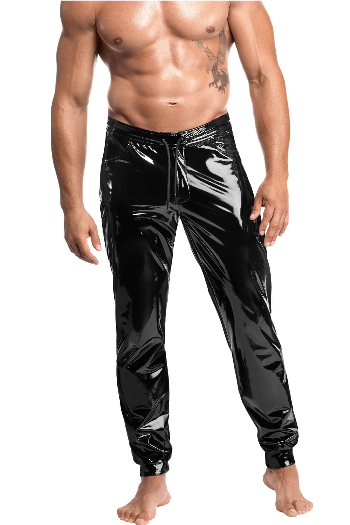 Schwarze Kinky Lack Hose Voltage H093 Herren  schmal geschnittene dehnbare Lackhose mit Front-Reißverschluss und Kordelzug von Noir Handmade Men – Noir Handmade Men