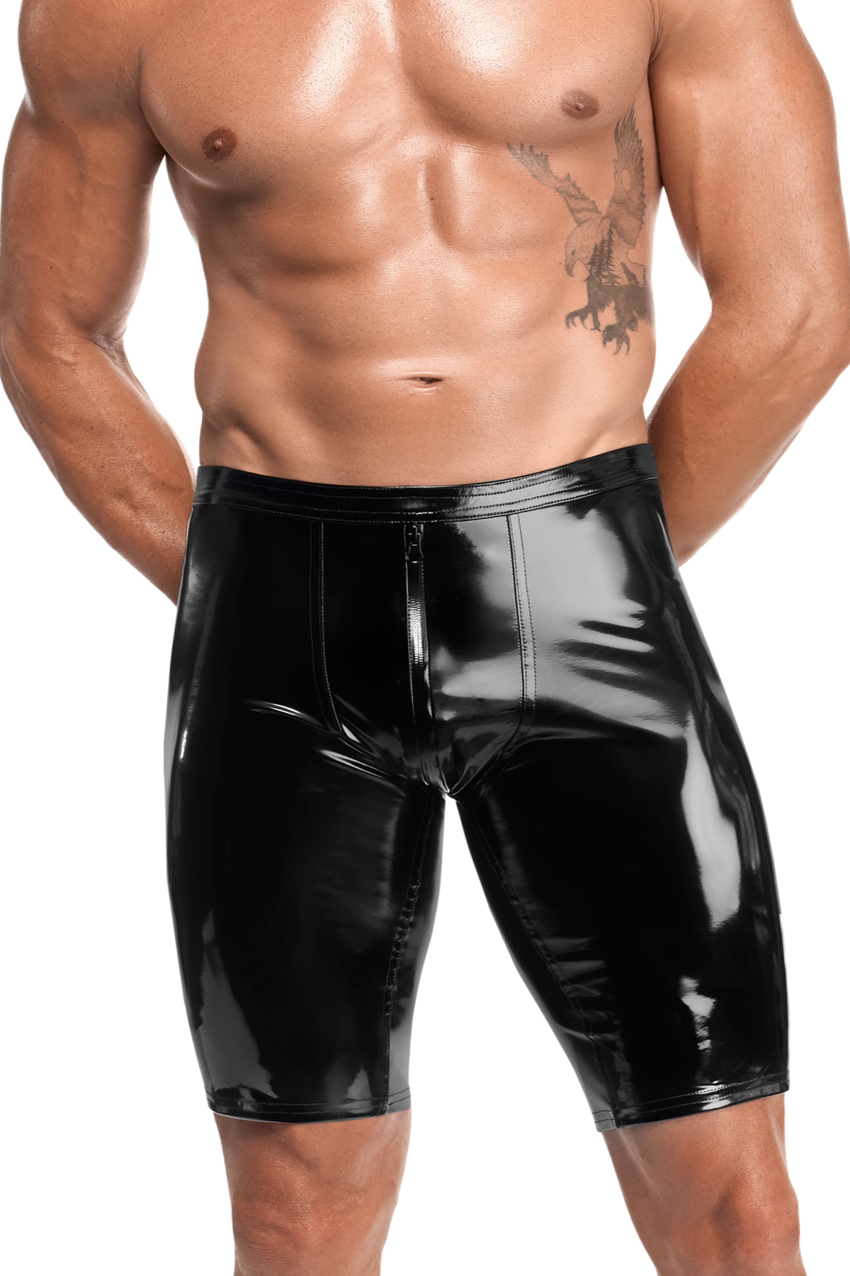 Schwarze Kinky Lack Shorts Voltage H094   dehnbares glattes Material  2-Wege Reißverschluss  hochglänzende Biker-Passform  eng anliegend für maximale Bewegungsfreiheit von Noir Handmade Men – Noir Handmade Men