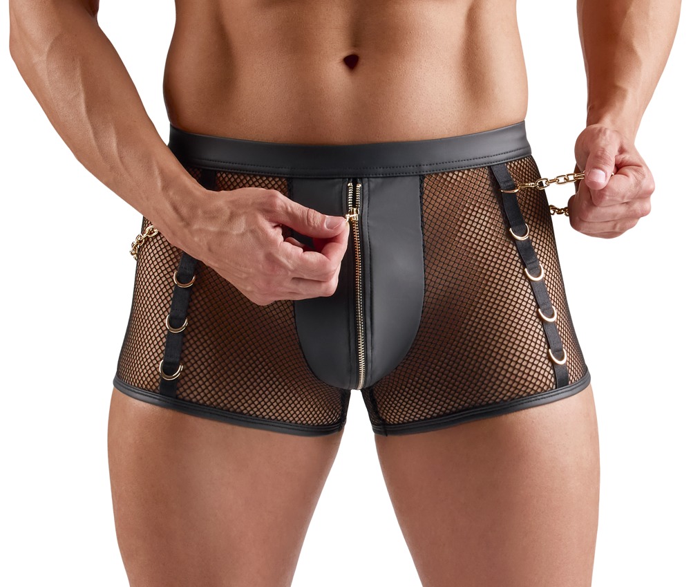 Erotische schwarze Netz-Pants von Svenjoyment mit markanten Wetlook-Details, Reißverschluss am blickdichten Beutel, goldfarbenen Ringen und abnehmbaren Karabinerketten – Svenjoyment